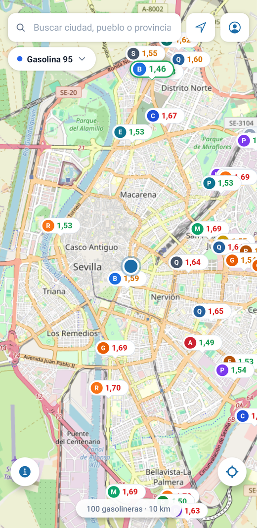 Mapa de GasoAlerta con precios de gasolineras en tiempo real en Sevilla